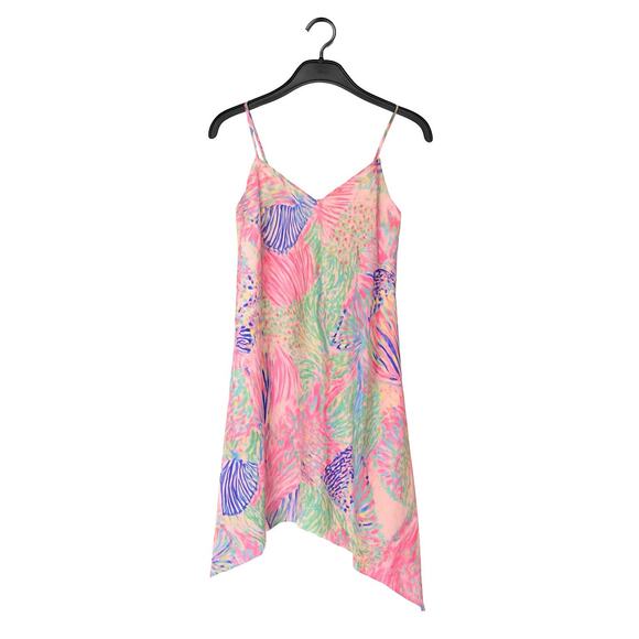 Lilly Pulitzer Clara Slip Dress Small Silk Asymmetric Hem Pink Tropical Print - Picture 1 of 8
